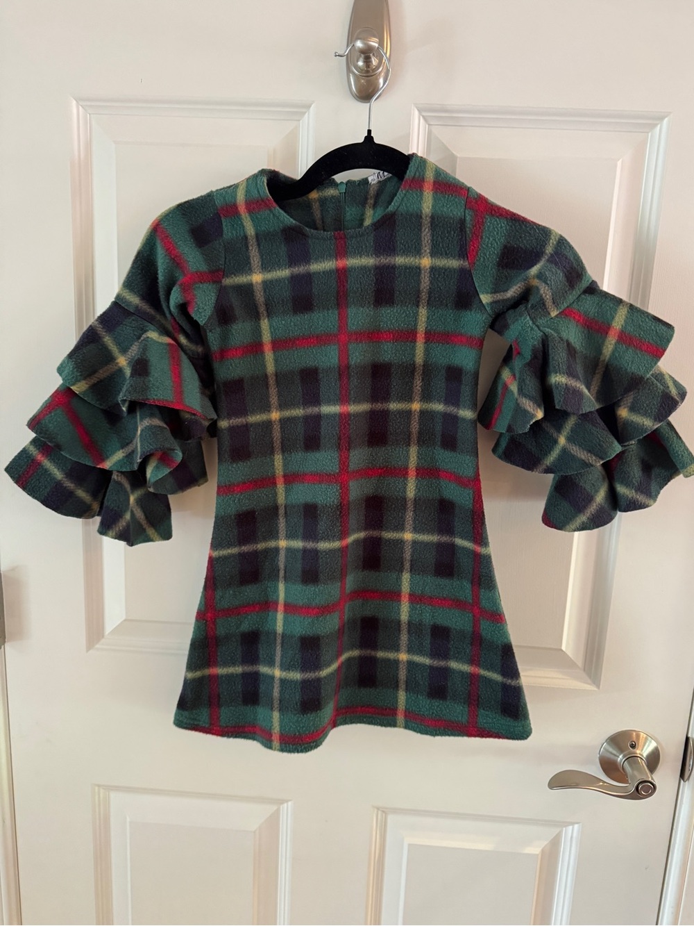 Girls Green Plaid Ruffle-Sleeve Casual Dress